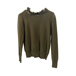 J.Crew Olive Green Ruffle Mock Neck Chevron Ribbed Merino Wool Blend Sweater S